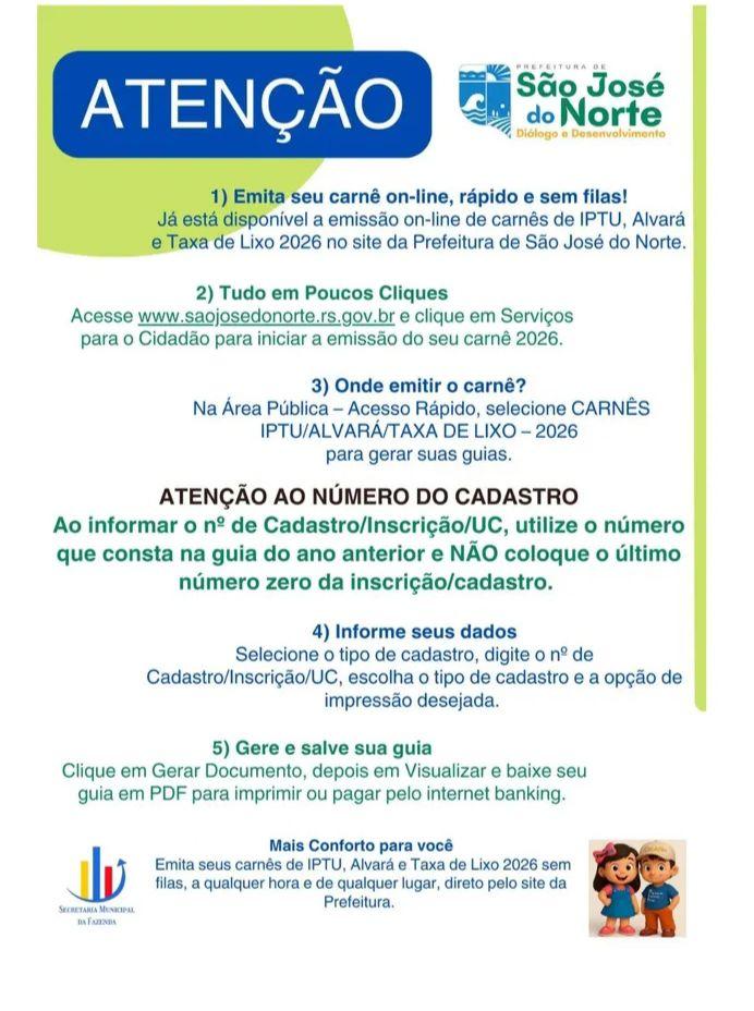 PREFEITURA DE SÃO JOSÉ DO NORTE DISPONIBILIZA EMISSÃO ON-LINE DE CARNÊS 2026